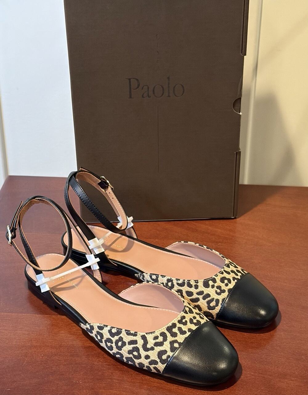 Linea Paolo Women's Tan/Black Animal Print Woven Ankle Strap Flats US 9 M